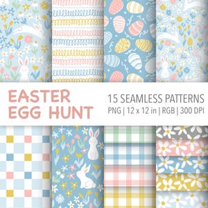 Könnte beinhalten: Ein Set mit 15 digitalen nahtlosen Mustern mit Ostern-Motiven. Die Muster beinhalten Hasen, Eier, Blumen und Gingham-Karos in Pastellfarben. Die Muster sind 30,48 cm x 30,48 cm groß und haben eine Auflösung von 300 DPI.