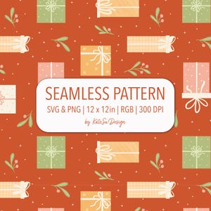 Colorful Christmas Gifts on Red Seamless Pattern SVG PNG File Fabric Print Wrapped presents and Mistletoe Digital Paper
