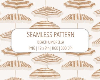 Beach Umbrella Seamless Pattern PNG File Hand Drawn Watercolor Sun Parasol Boho Beige On Cream White Summer Repeat Vintage Fabric Print