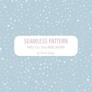 Puede incluir: Un diseño de patrón sin costuras con un fondo azul claro y puntos blancos y gris claro dispersos. La imagen incluye el texto "SEAMLESS PATTERN" y detalles: PNG, 30,48 x 30,48 cm, RGB, 300 DPI, y "by Kate Su Design."