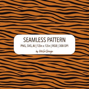 May include: Seamless pattern featuring a tiger stripe design in shades of orange and black. The pattern is 12 inches by 12 inches and is available in PNG, SVG, and AI formats. The text "SEAMLESS PATTERN" is displayed in a white rectangle.