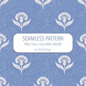 May include: A seamless pattern design featuring a repeating floral motif in white against a light blue textured background. The design includes the text "SEAMLESS PATTERN" and dimensions of 12in x 12in.