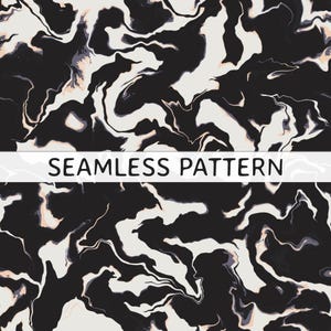 May include: A seamless pattern featuring a high-contrast marble design with fluid, swirling shapes in black, off-white, and subtle hints of pale peach. A horizontal white banner across the center displays the text SEAMLESS PATTERN.