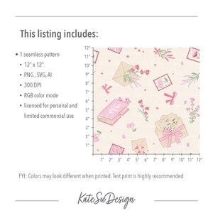 Peut inclure: Motif de motif sans couture avec des livres roses, des enveloppes, des fleurs et des n&oelig;uds sur fond cr&egrave;me. Le motif mesure 30,48 cm sur 30,48 cm. Le texte "This listing includes:" est en haut.