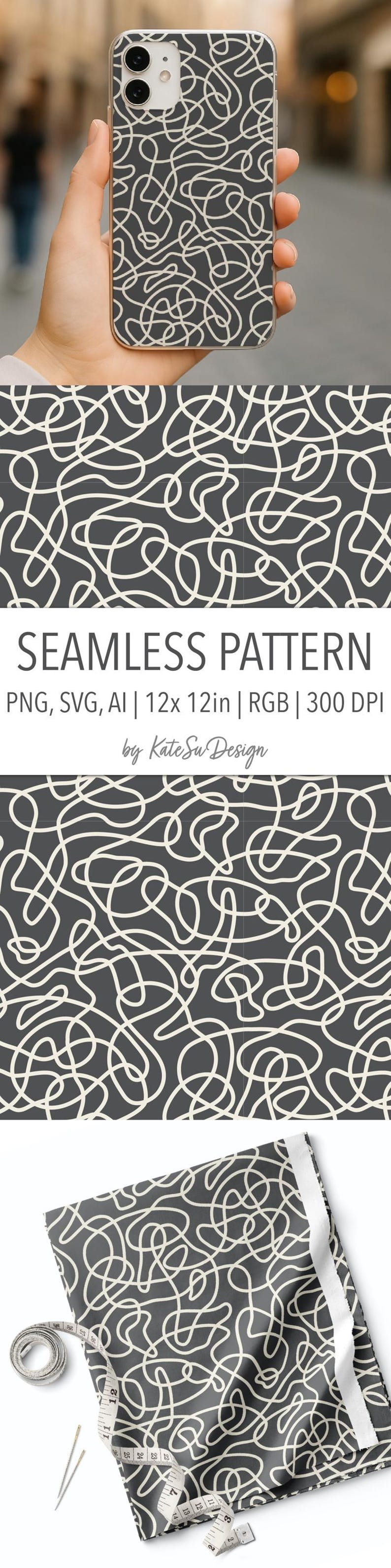 Tangled Line Seamless Pattern PNG SVG AI File Hand Drawn Squiggle Cream ...