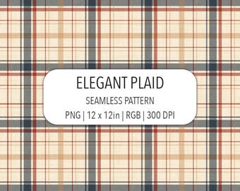Light Beige Plaid Seamless Pattern PNG File Classic Tartan with Navy Blue and Red Band Grandmillennial Digital Paper Fabric Print Commercial