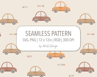 Retro Cars seamless pattern PSVG NG File Cute vintage car fabric print Digital Paper baby boy nursery art Neutral Beige Brown Wallpaper