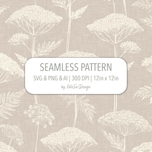 Può includere: Un motivo senza cuciture con sfondo beige e illustrazione floreale ripetuta in bianco sporco. Il design include il testo "SEAMLESS PATTERN" e dimensioni di 30,48 cm x 30,48 cm.