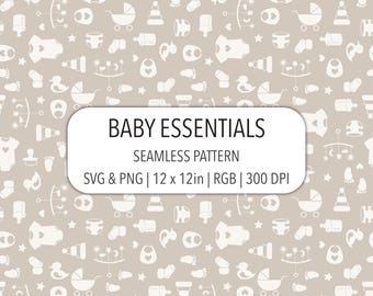 Motivo senza soluzione di continuità per cameretta, file SVG PNG, stampa su tessuto beige chiaro per baby shower, articoli per neonati, motivo ripetuto, carta digitale neutra
