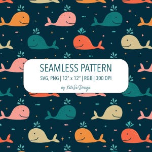 Smiley Whales Seamless Pattern SVG PNG File Nautical Boys Fabric Print Colorful Fish In The Ocean Surface Design Commercial License