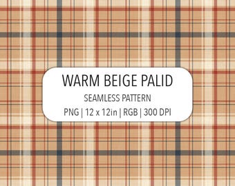 Warm Beige Plaid Seamless Pattern PNG FileRed Blue White Bands on Sandy Beige Background Tartan Fabric Print
