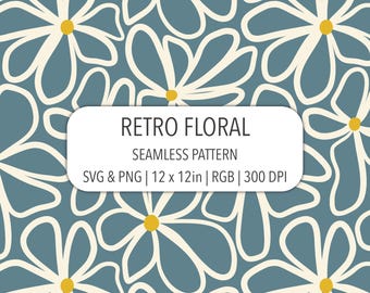 Motivo floreale retrò senza soluzione di continuità, file SVG PNG, stampa su tessuto anni '90, margherita bianca su carta digitale blu tenue, sfondo con petali distorti
