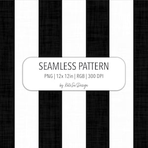 May include: A seamless pattern design with vertical black and white stripes. The image includes the text "SEAMLESS PATTERN" and details: PNG, 12x12 inches, RGB, 300 DPI, and the designer's name, "by Kate Su Design."