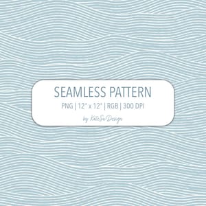 Könnte beinhalten: Nahtloses Musterdesign mit hellblauem Hintergrund und weißen Wellenlinien. Das Bild enthält den Text "SEAMLESS PATTERN" und Details: PNG, 30 x 30 cm, RGB, 300 DPI, und den Namen des Designers.
