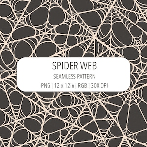 Könnte beinhalten: Ein nahtloses Muster mit einem cremefarbenen Spinnennetz-Design auf dunkelgrauem Hintergrund. Ein weißes rechteckiges Etikett in der Mitte zeigt den Text: SPIDER WEB, SEAMLESS PATTERN, PNG | 12 x 12in | RGB | 300 DPI.