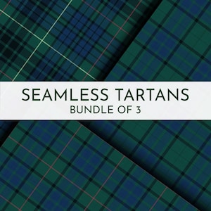 May include: A digital graphic featuring three distinct seamless tartan patterns in shades of dark green, navy blue, and black with thin red and white accent lines. A white horizontal banner displays the text SEAMLESS TARTANS BUNDLE OF 3.
