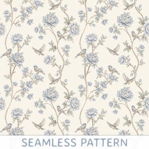May include: A seamless pattern featuring light blue flowers and small birds perched on or flying between winding brown branches against a cream-colored background. The text SEAMLESS PATTERN is printed in light blue at the bottom of the image.