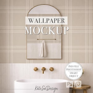 May include: A bathroom mockup with a white bathtub, gold taps, and a mirror with a towel. The background features beige plaid wallpaper. The text "WALLPAPER MOCKUP" is displayed on the mirror.