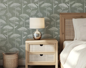 Botanical Wallpaper White Wildflower Sage Green Japandi Floral Vintage Neutral Bedroom Pressed Flowers Linen Look Texture Floral Wallpaper