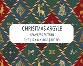 Christmas Argyle Seamless Pattern PNG File Merry Maximalist Fabric Print 300 DPI gold Reindeer Golden Snowflake on green wine red dark teal