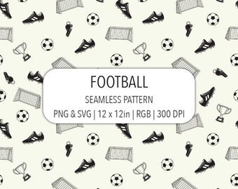 Football soccer items seamless pattern SVG PNG file football boots soccer ball black on cream white background fabric print