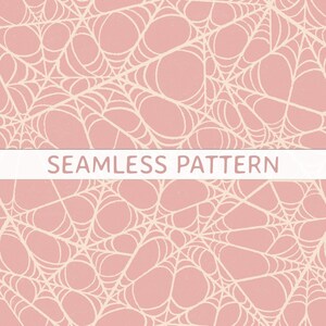 May include: A seamless pattern featuring a repeating spider web design in off-white lines against a dusty rose pink background. A horizontal white banner across the center displays the text SEAMLESS PATTERN in simple capital letters.