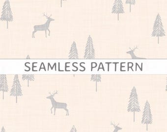 Padrão sem costura de floresta com veados, fundo estético, decoração infantil para berçário, tons pastel, floresta de outono, Natal, elementos de design gráfico, arte digital.