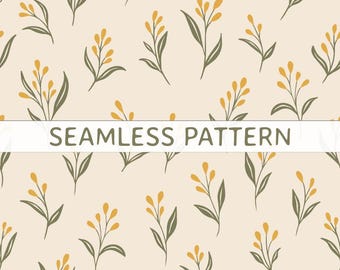 Padrão floral amarelo mostarda sem costura, fundo estilo cottagecore, estampa floral miúda, papel digital para uso comercial, decoração de quarto de bebê.