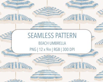 Beach Umbrella Seamless Pattern PNG File Hand Drawn Watercolor Sun Parasol Coastal Blue On Cream White Summer Repeat Vintage Fabric Print