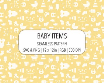 Articoli per neonati, motivo giallo senza cuciture, file PNG SVG, scrapbooking, carta digitale, cameretta neutra, articoli essenziali per neonati, confezione regalo per baby shower.