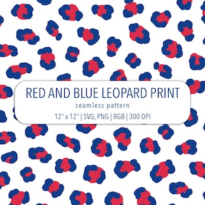 Könnte beinhalten: Nahtloses Muster mit roten und blauen Leopardenflecken auf weißem Hintergrund. Der Text "RED AND BLUE LEOPARD PRINT" wird zusammen mit den Abmessungen von 30,48 cm x 30,48 cm angezeigt.