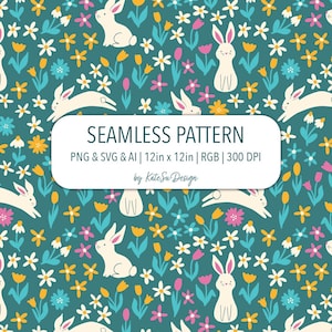 May include: Seamless pattern featuring white rabbits, flowers, and foliage in shades of teal, yellow, pink, and blue. The design includes the text "SEAMLESS PATTERN" and dimensions of 12in x 12in.
