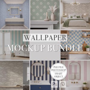 Könnte beinhalten: Eine Sammlung von Innenarchitektur-Mockups mit verschiedenen Tapetenmustern. Das Bild zeigt verschiedene Räume, darunter ein Badezimmer, ein Schlafzimmer und eine Küche, jeweils mit einzigartigen Tapetendesigns und Dekorationen. Der Text "Wallpaper Mockup Bundle" wird angezeigt.