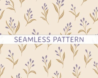 Padrão floral delicado e contínuo em tons pastel de lavanda, fundo botânico, uso comercial, estilo cottagecore, papel digital com flores pequenas.