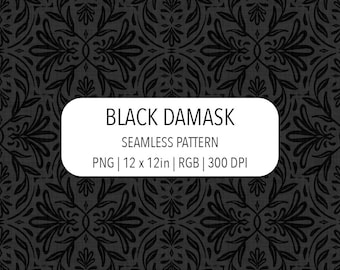 Black Grey Damask Dark Academia Seamless Pattern PNG File Vintage Baroque Digital Paper Dark Moody Fabric Print