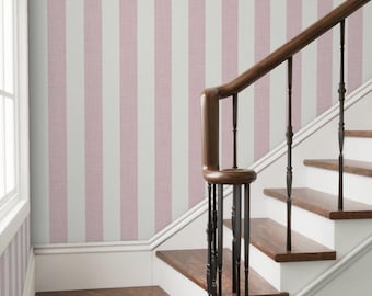 Pink White Vertical Stripe Wallpaper 4in Wide Pastel Cabana Stripe Pre Pasted Worn Texture Awning Stripe Peel and Stick Interior Wallpaper