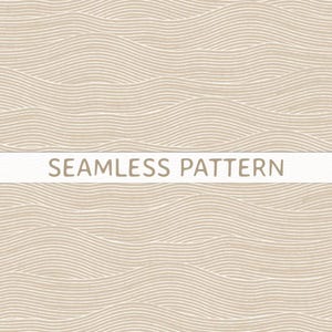 May include: A seamless pattern featuring a series of wavy, horizontal lines in white against a light beige background. A horizontal white banner across the center contains the text SEAMLESS PATTERN in a simple, sans-serif brown font.
