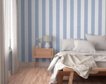 Baby Blue White Vertical Stripe Wallpaper 4in Wide Pastel Cabana Pre Pasted Worn Texture Awning Stripe Peel and Stick Interior Wallpaper