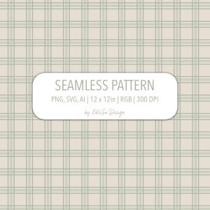 Op de afbeelding: Naadloos patroon met een raster van lichtgroene lijnen op een beige achtergrond. De tekst "SEAMLESS PATTERN" is opgenomen, evenals de bestandsdetails: 12 x 12 inch. Ontwerp door Kate Su Design.