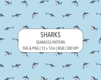 Motivo senza soluzione di continuità con squalo, file SVG PNG, 300 DPI, carta digitale blu pastello, stampa su tessuto per bambini, vettore, animale marino, design disegnato a mano, sfondo