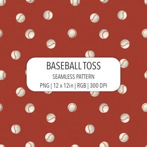 Peut inclure: Un motif répétitif composé de balles de baseball blanches à coutures rouges sur un fond rouge terre cuite. Une étiquette rectangulaire blanche au centre affiche le texte BASEBALL TOSS SEAMLESS PATTERN PNG | 30,48 x 30,48cm | RGB | 300 DPI.