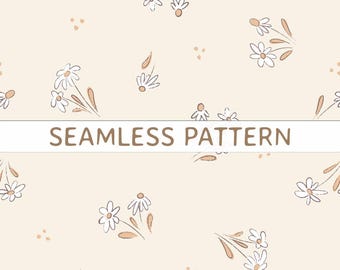 Design floral sem costura, neutro, margarida, flor silvestre, padrão botânico repetido, fofo e feminino, download digital, papel digital imprimível, SVG, PNG