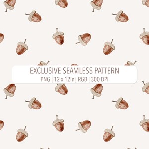 Puede incluir: Patrón repetitivo de bellotas en acuarela marrón y beige sobre fondo crema. El texto "EXCLUSIVE SEAMLESS PATTERN" se muestra en un rectángulo blanco. El patrón mide 30,48 x 30,48 cm.
