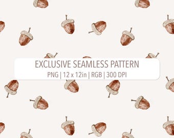 Acorn Toss on Cream White Exclusive Seamless Pattern Woodland Fabric Print Design Worldwide Commercial License No Time Limit One Buyer Only