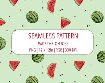 Watermelon Toss Seamless Pattern PNG File Hand Drawn Watercolor Red Green Melon Slice On Green Summer Repeat Pattern Kids Fabric Print