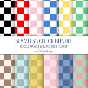 May include: A digital art bundle featuring seamless check patterns in various colors, including black and white, red, pink, and blue. The text "SEAMLESS CHECK BUNDLE" is displayed, along with details about the file types and the designer.