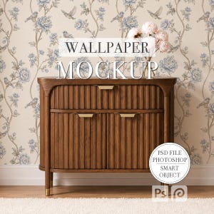 Modern Wallpaper Mockup PSD File Smart Object Editable Photoshop Photopea Mockup PNG Etsy Shopify Listing Images Fluted Wood Dresser Peony