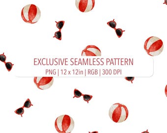 Red White Summer Beach Ball Retro Sunglasses on White Seamless Pattern PNG File Hand Drawn Watercolor Exclusive Design Commercial License