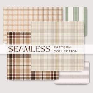 May include: A digital collection of seamless patterns featuring various plaid and striped designs in neutral tones of beige, brown, cream, and sage green. The text SEAMLESS PATTERN COLLECTION is centered across the middle of the image.