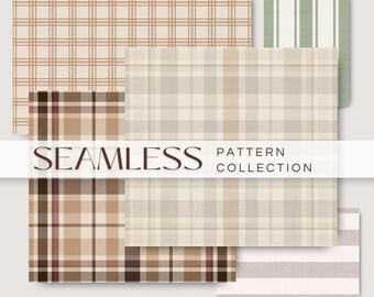 Pacote de padrões sem costura em tons neutros quentes, xadrez verde sálvia, listras bege, tartan. Coleção de designs de superfície em PNG para uso comercial.